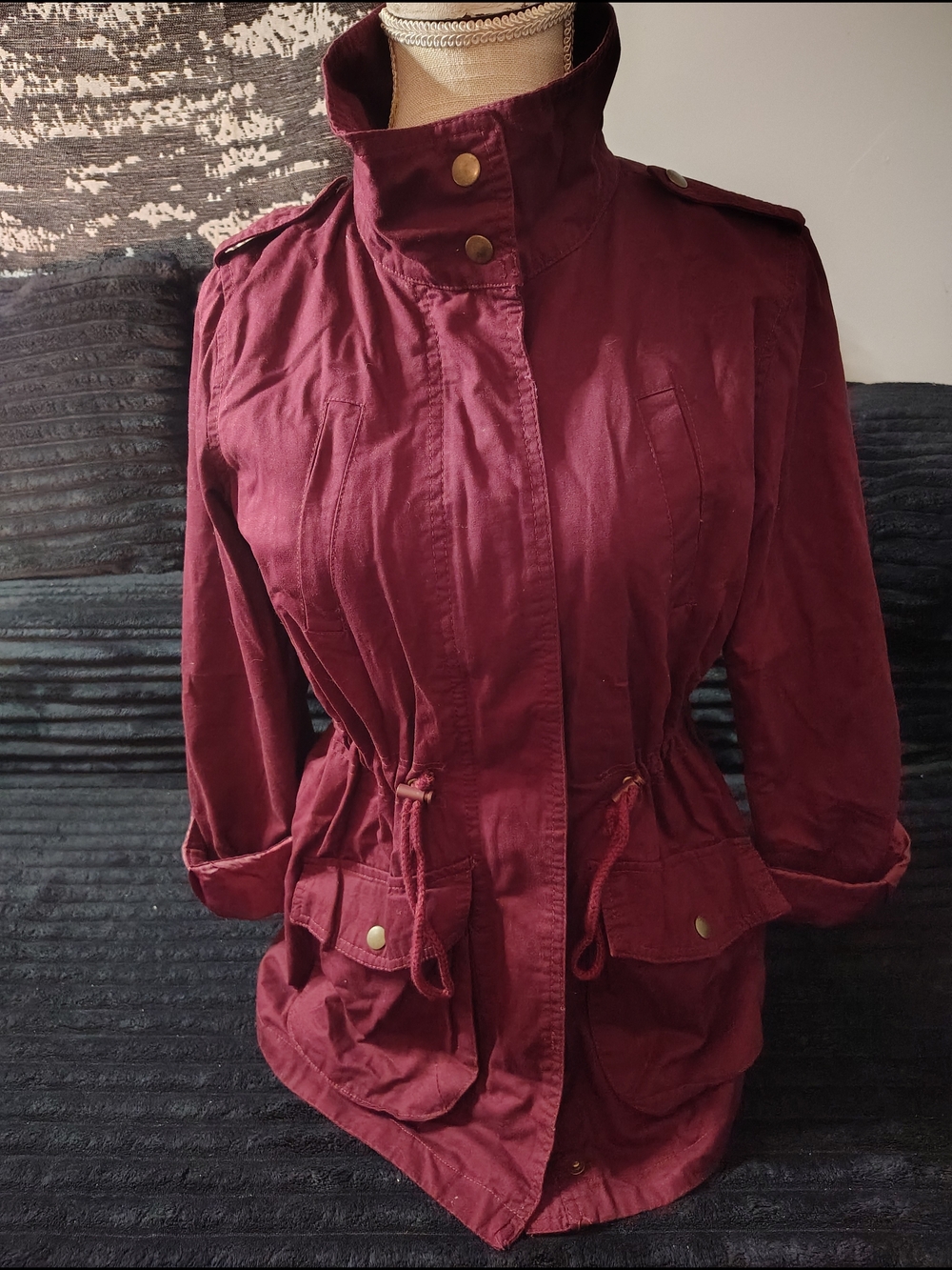 Ambiance Burgundy Drawstring Waist Utility Jacket